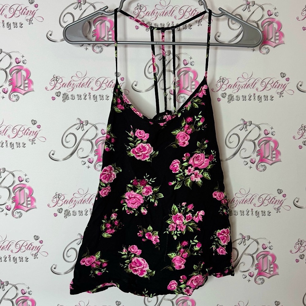 No Boundaries Black and Pink Floral Top racer back strappy roses 🌹